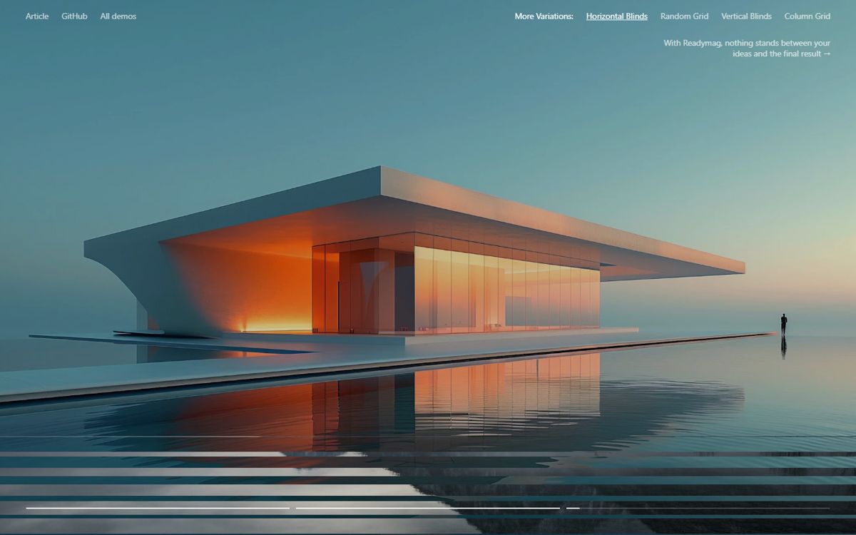 Screenshot van de Codrops-demo: een tweede foto verschijnt in horizontale stroken over de eerste