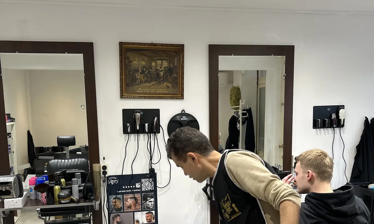 De wand met twee spiegels in donkerhouten lijst en het schilderij ertussen